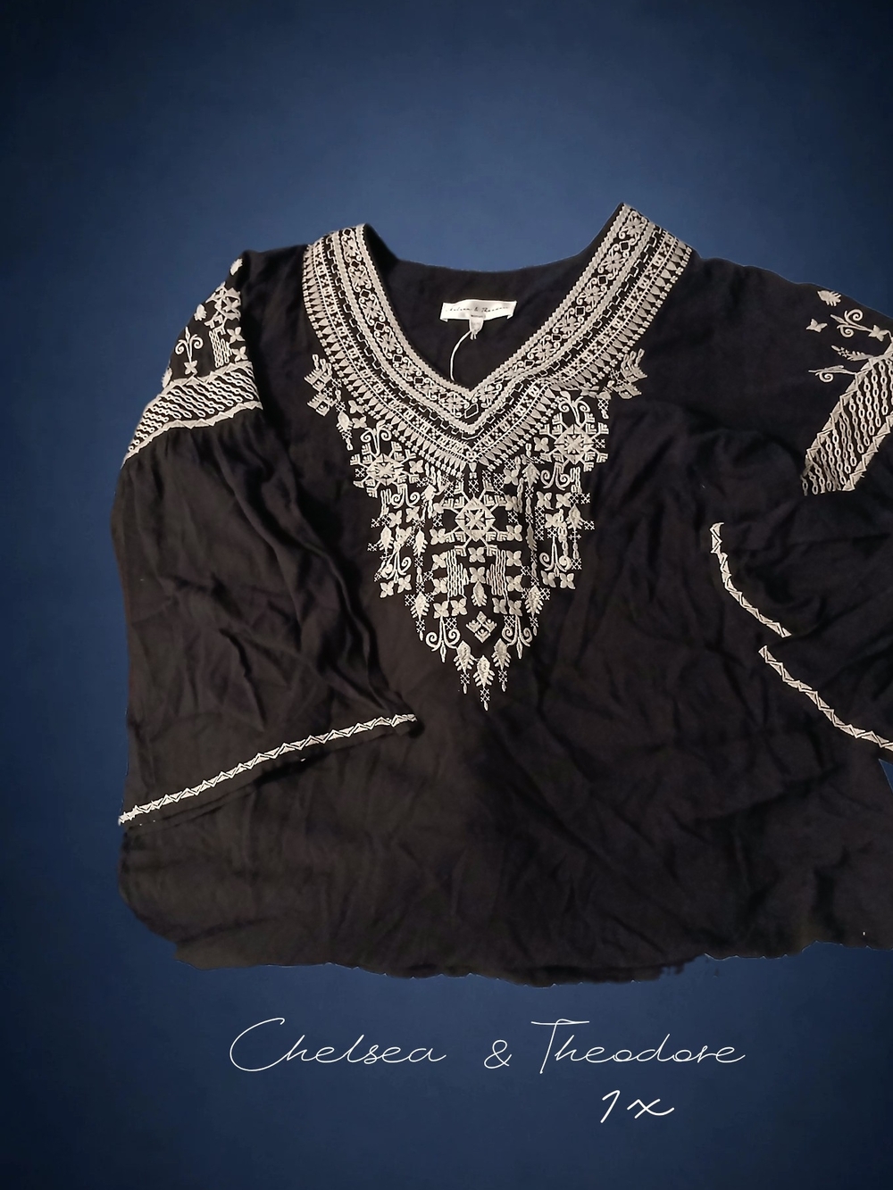 Chelsea & Theodore Black Embroidered V-Neck Women's Top